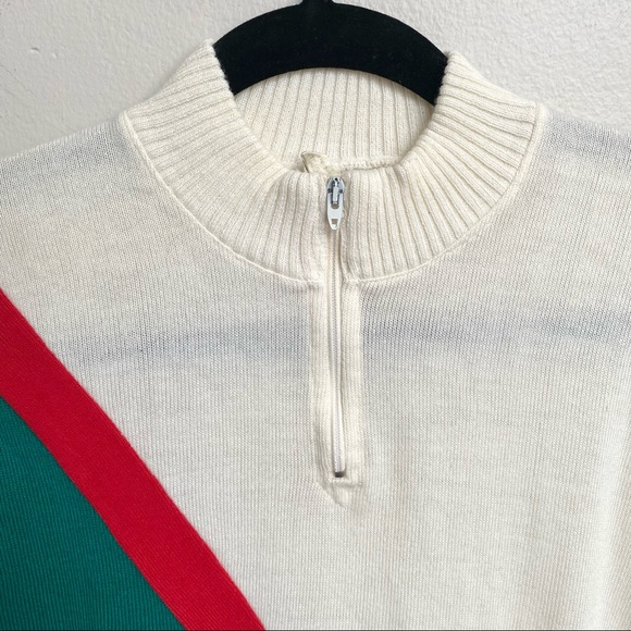VTG Short Sleeve Sweater Quarter Zip Mock Neck Graphic Print Green and Red - Picture 2 of 8